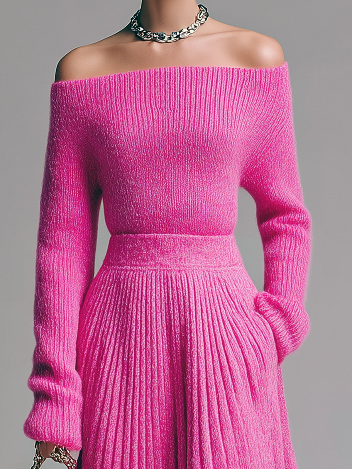 ElevenOra Vintage Elegant Off-The-Shoulder Long-sleeved Sweater Pleated Maxi Skirt Knitted Two-piece Set