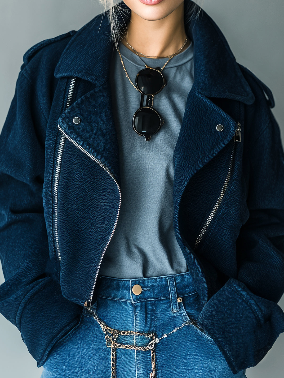 ElevenOra Casual Cool Navy Blue Washed Twill Cotton Blend Lapel Zip-Front Cropped Biker Jacket