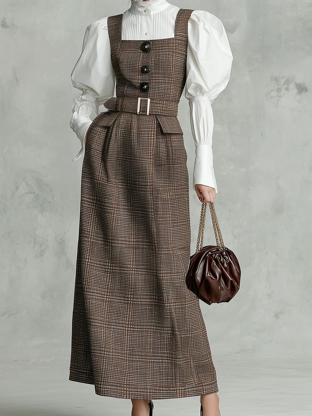 ElevenOra Chic Vintage Check Wool Blend Button-Front Belted Pocket Slim-Fit Pinafore Maxi Dress