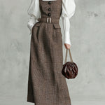 ElevenOra Chic Vintage Check Wool Blend Button-Front Belted Pocket Slim-Fit Pinafore Maxi Dress