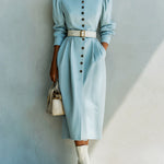 ElevenOra Casual Office Cotton Blend Stand Collar Single-Breasted Belted Long Puff Sleeve Midi Dress
