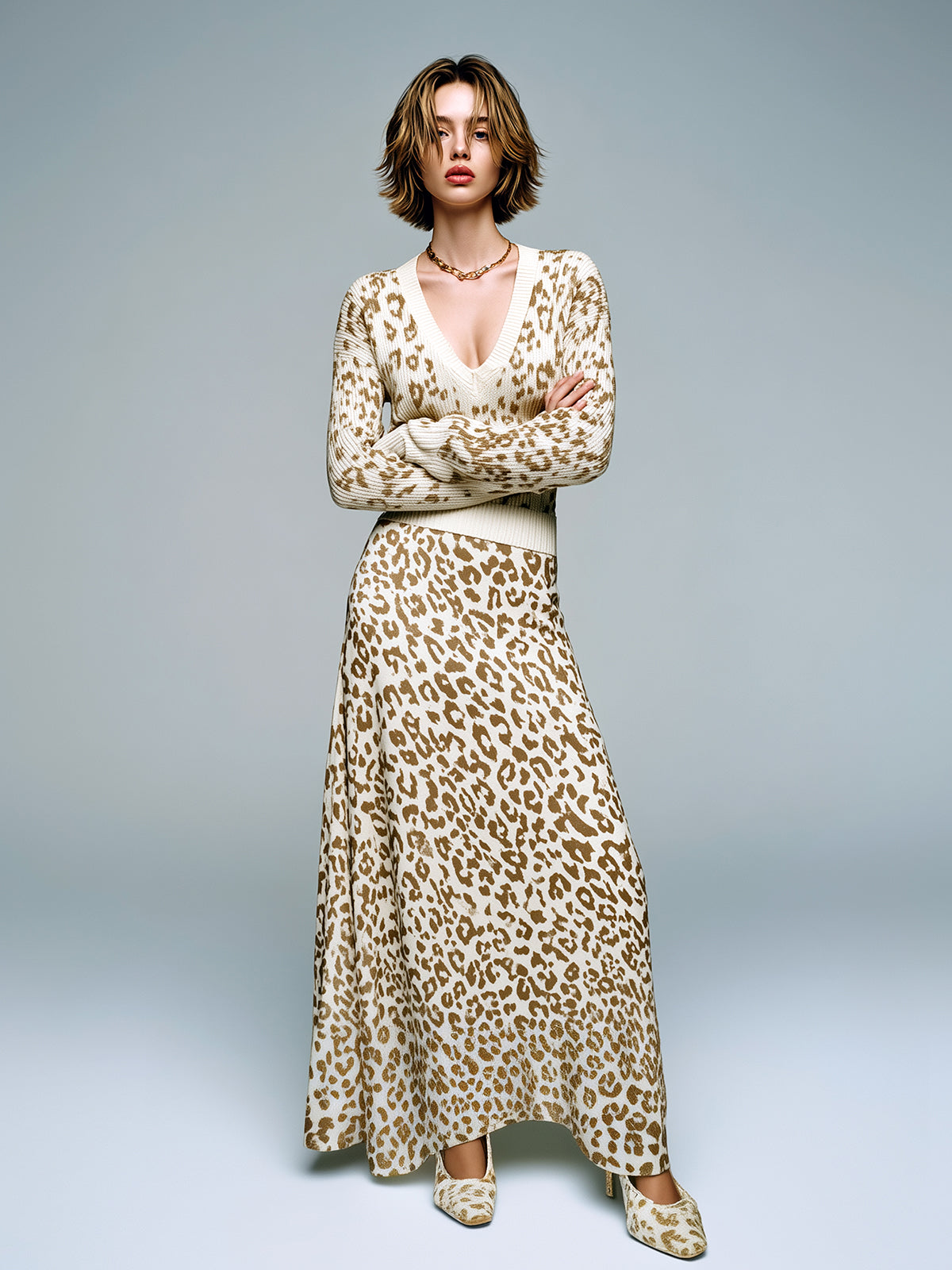 ElevenOra Chic Vintage Leopard Jacquard V-Neck Slim-Fit Long-sleeve Sweater Elastic Waist Maxi Skirt Knit Two-piece Set