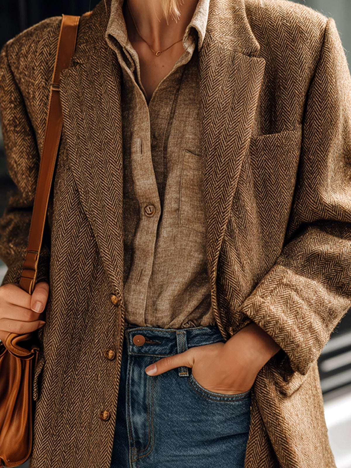 ElevenOra Casual Chic Brown Herringbone Wool Blend Notch Lapel Single-Breasted Oversized Blazer