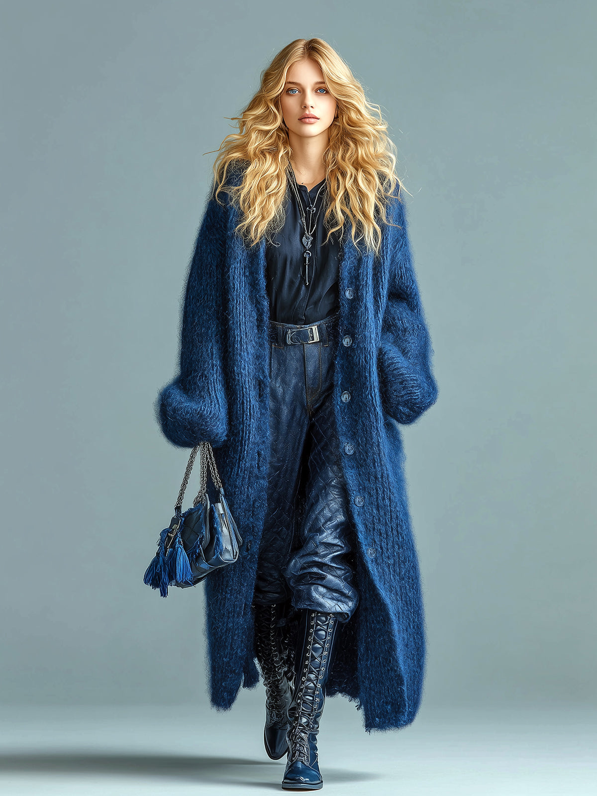 ElevenOra Casual Chic Navy Blue Single-breasted Oversized Longline Fuzzy Knit Cardigan
