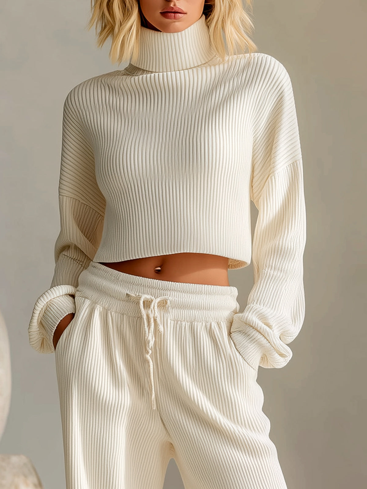 ElevenOra Chic Vintage Turtle Neck Long-sleeve Mini Sweater Elastic Waist Wide-leg Pants Knit Two-Piece Set