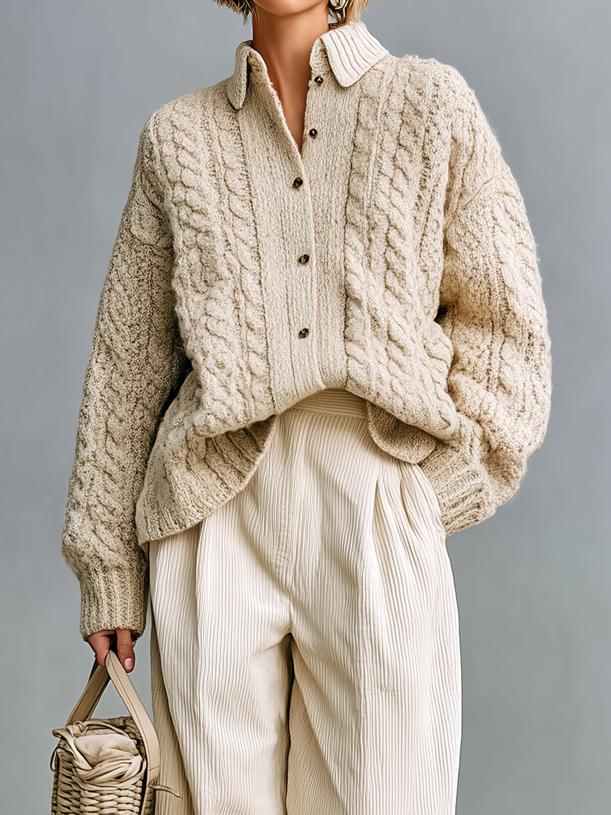 ElevenOra Chic Lapel Single-breasted Long-sleeved Cable-knit Cardigan And Wide-leg Ribbed Knit Two-piece Set