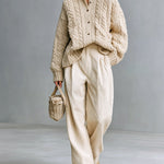 ElevenOra Chic Lapel Single-breasted Long-sleeved Cable-knit Cardigan And Wide-leg Ribbed Knit Two-piece Set