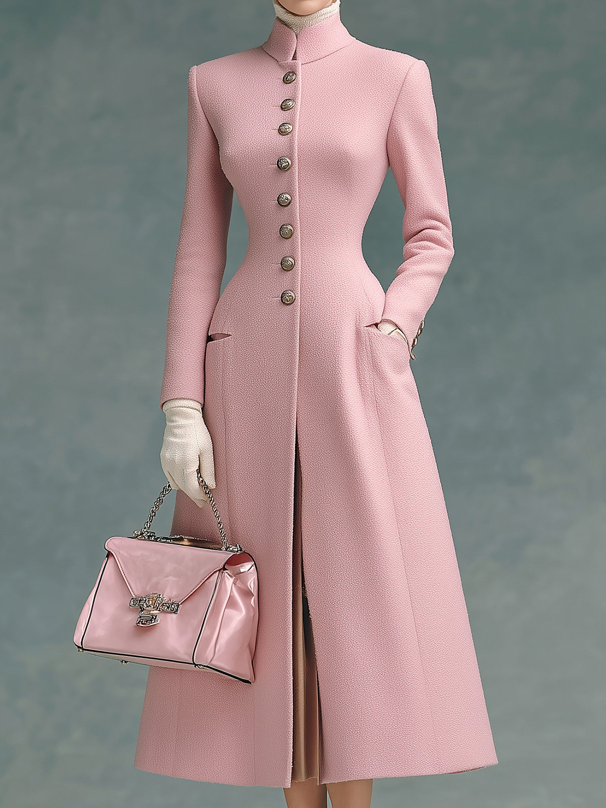 ElevenOra Elegant Vintage Wool Blend Stand Collar Single-Breasted Tailored Waist Long Coat