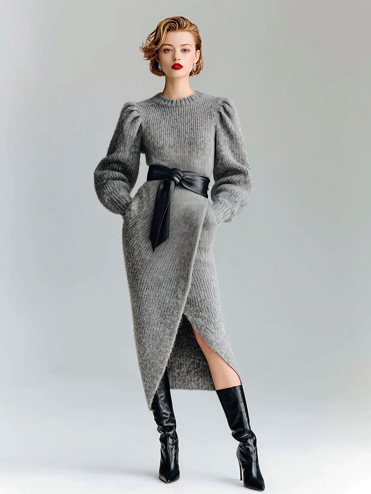 ElevenOra Chic Elegant Crew Neck Puff Long-sleeve Belted Side Slit Knit Midi Dress