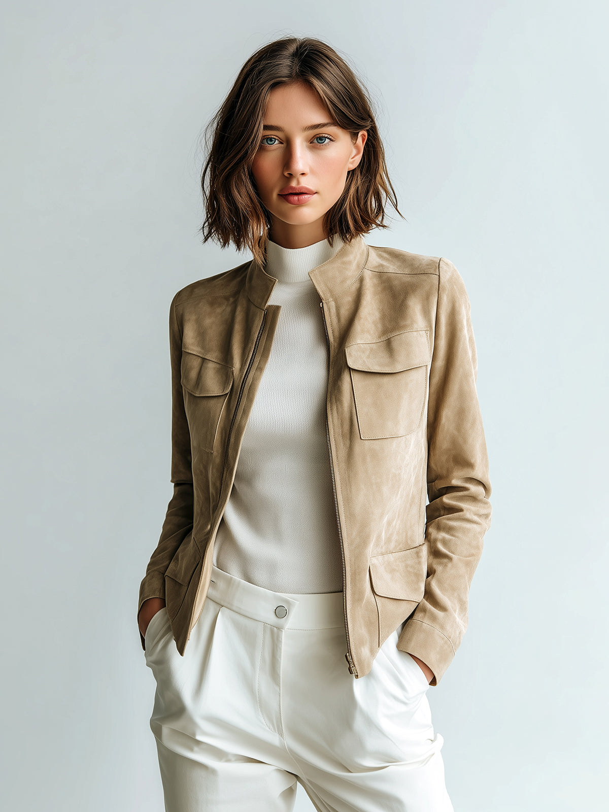 ElevenOra Chic Casual Light Khaki Suede Faux Stand-Collar Zipper Utility-Pocket Cropped Jacket