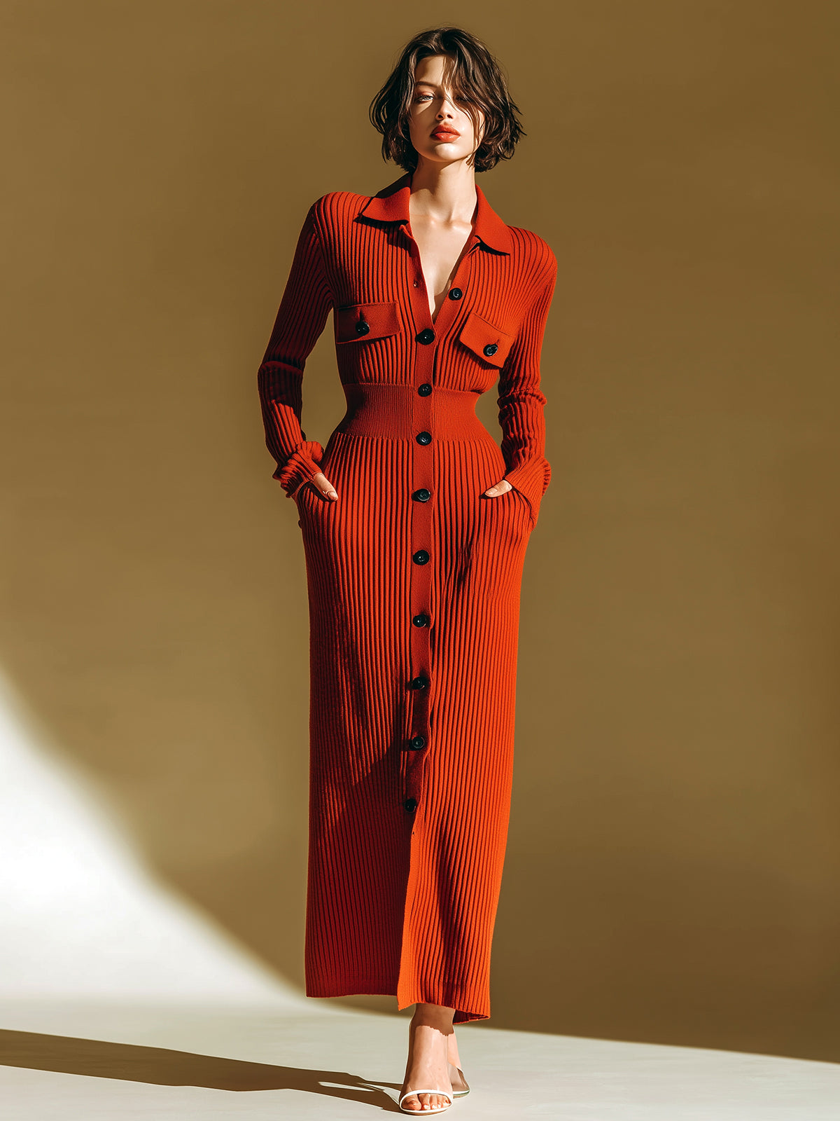 ElevenOra Stylish Solid Color Lapel Single-breasted Slim Fit Knit Maxi Dress