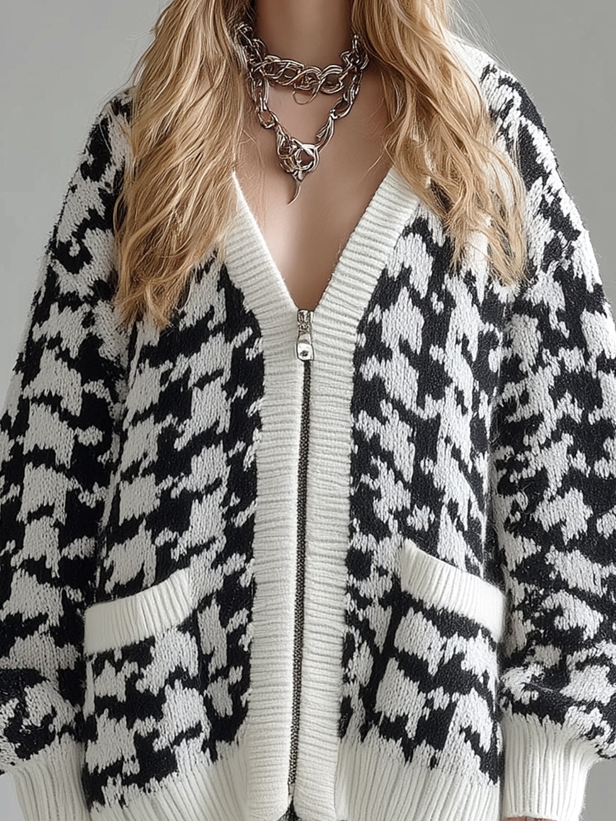 ElevenOra Casual Chic Contrast Houndstooth V-neck Single-breasted Oversized Long Sleeve Knit Cardigan