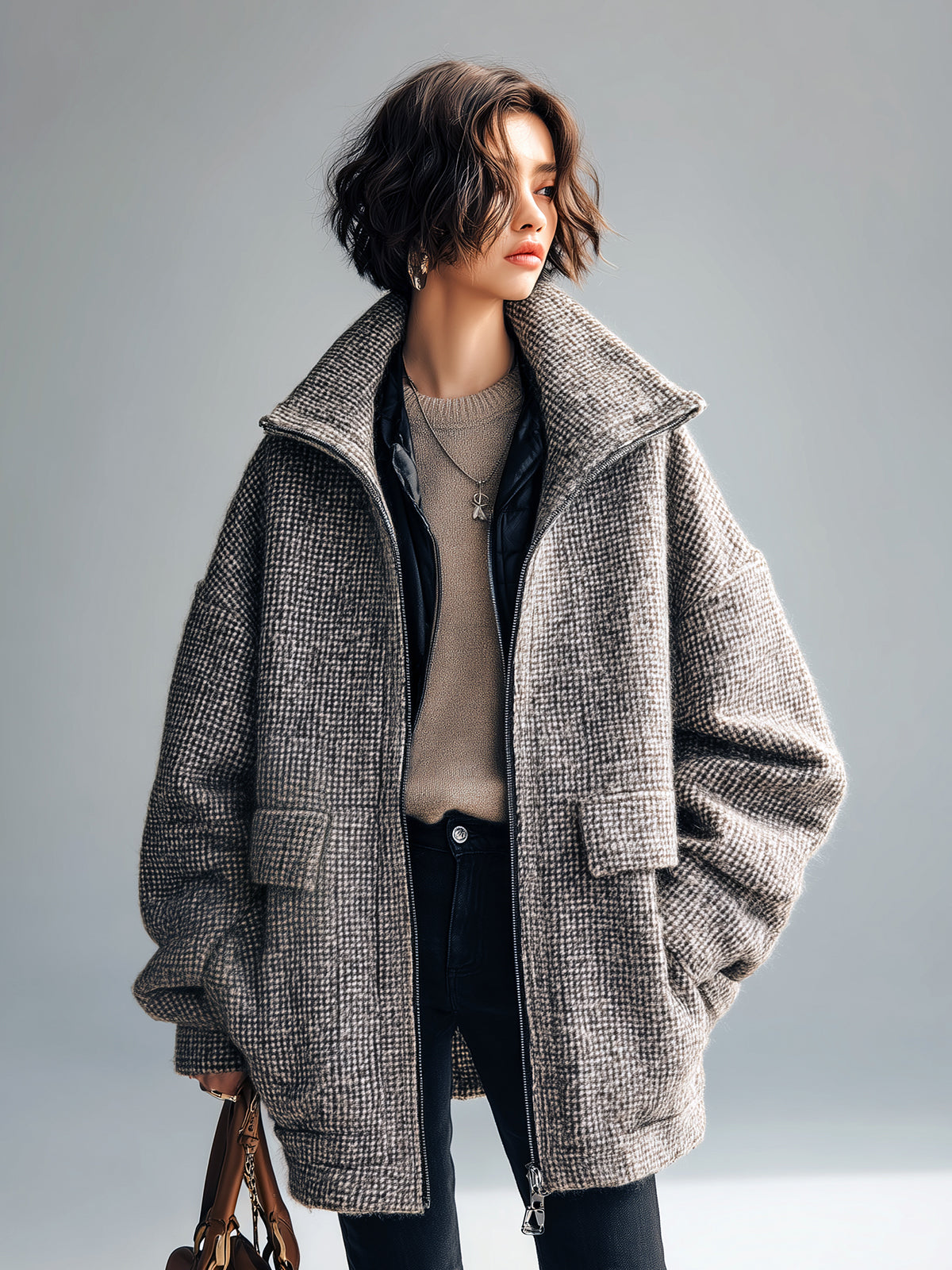 ElevenOra Casual Chic Wool Blend Houndstooth Wide Lapel Patch Pockets Oversized Zip-Front Warm Coat