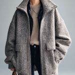 ElevenOra Casual Chic Wool Blend Houndstooth Wide Lapel Patch Pockets Oversized Zip-Front Warm Coat