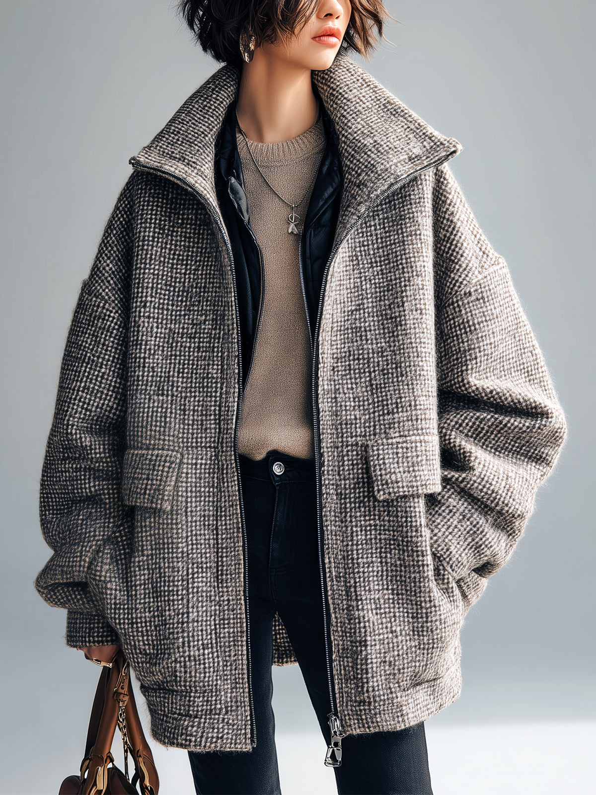 ElevenOra Casual Chic Wool Blend Houndstooth Wide Lapel Patch Pockets Oversized Zip-Front Warm Coat
