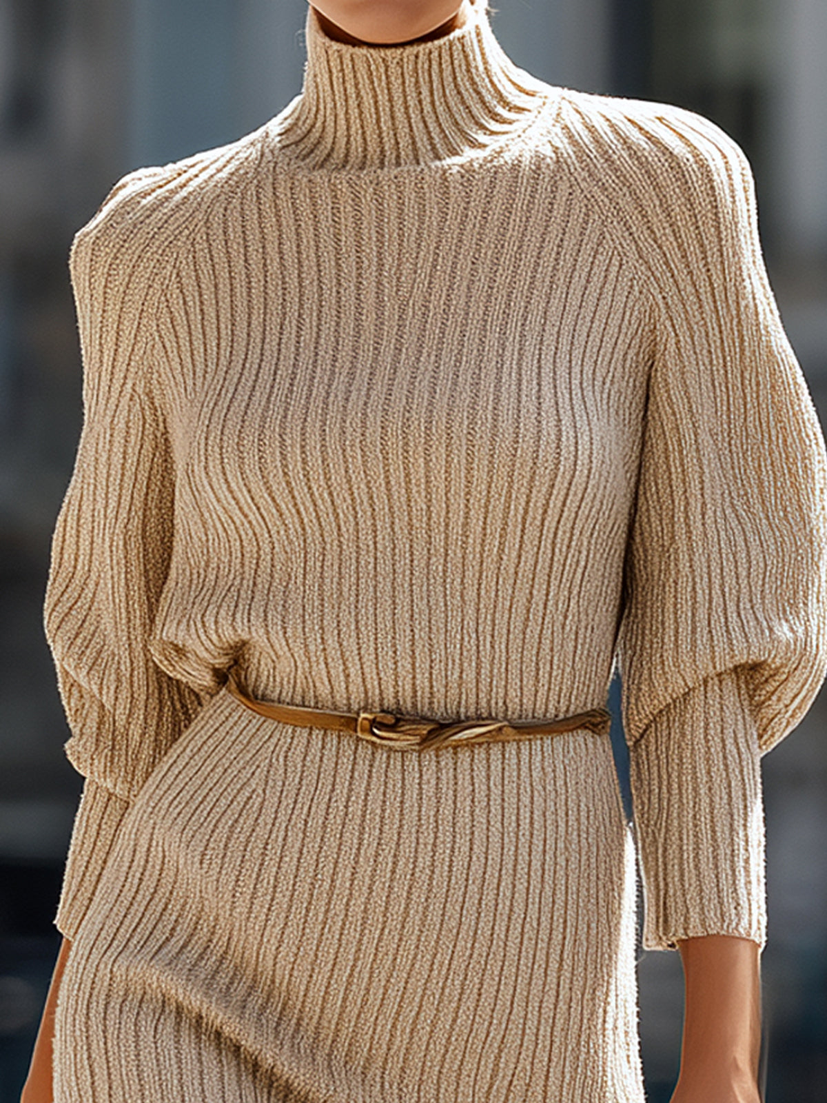 ElevenOra Casual Solid Color High Collar Belted Loose Long Sleeve Knitted Bodycon Mini Dress