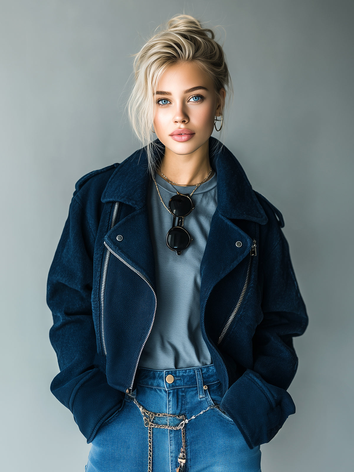 ElevenOra Casual Cool Navy Blue Washed Twill Cotton Blend Lapel Zip-Front Cropped Biker Jacket
