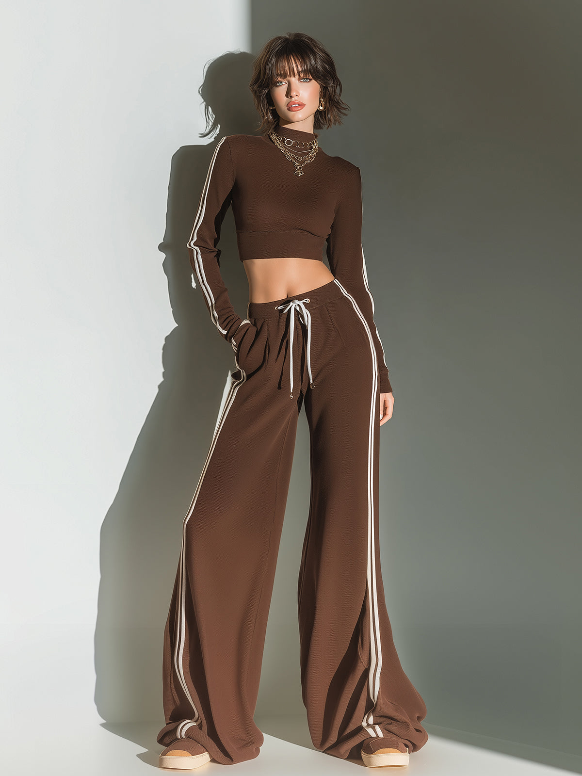 ElevenOra Chic Vintage Mock Neck Slim-Fit Mini Sweater Wide-leg Pants Contrast Trims Knit Two-Piece Set