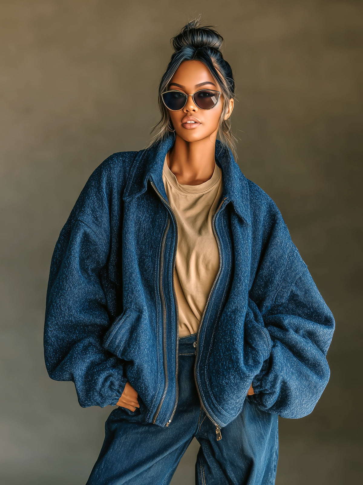 ElevenOra Casual Chic Dark Blue Wool Blend Lapel Zip-Front Oversized Bomber Jacket