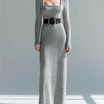 ElevenOra Retro Elegant Heathered Gray Square Neck Belted Long-Sleeve Ribbed Knit Bodycon Maxi Dress