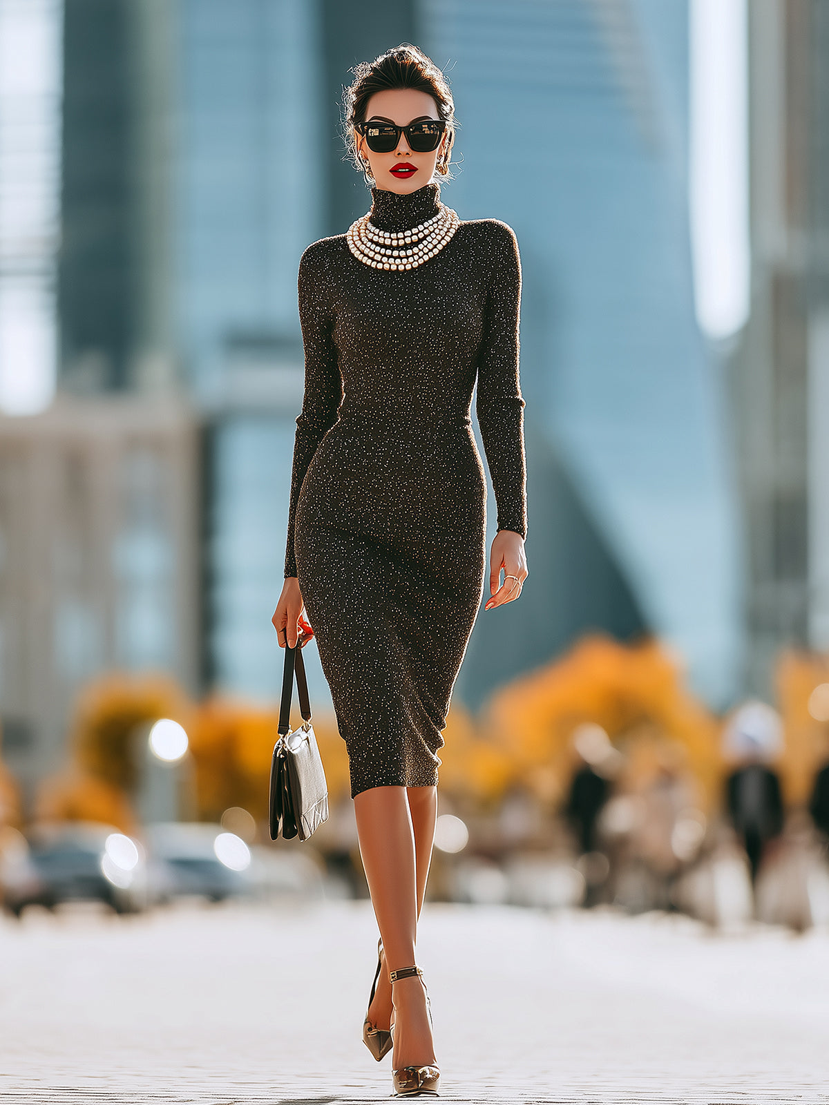 ElevenOra Casual Office Coffee Speckled Cotton Blend Turtleneck Long Sleeve Sheath Bodycon Midi Dress