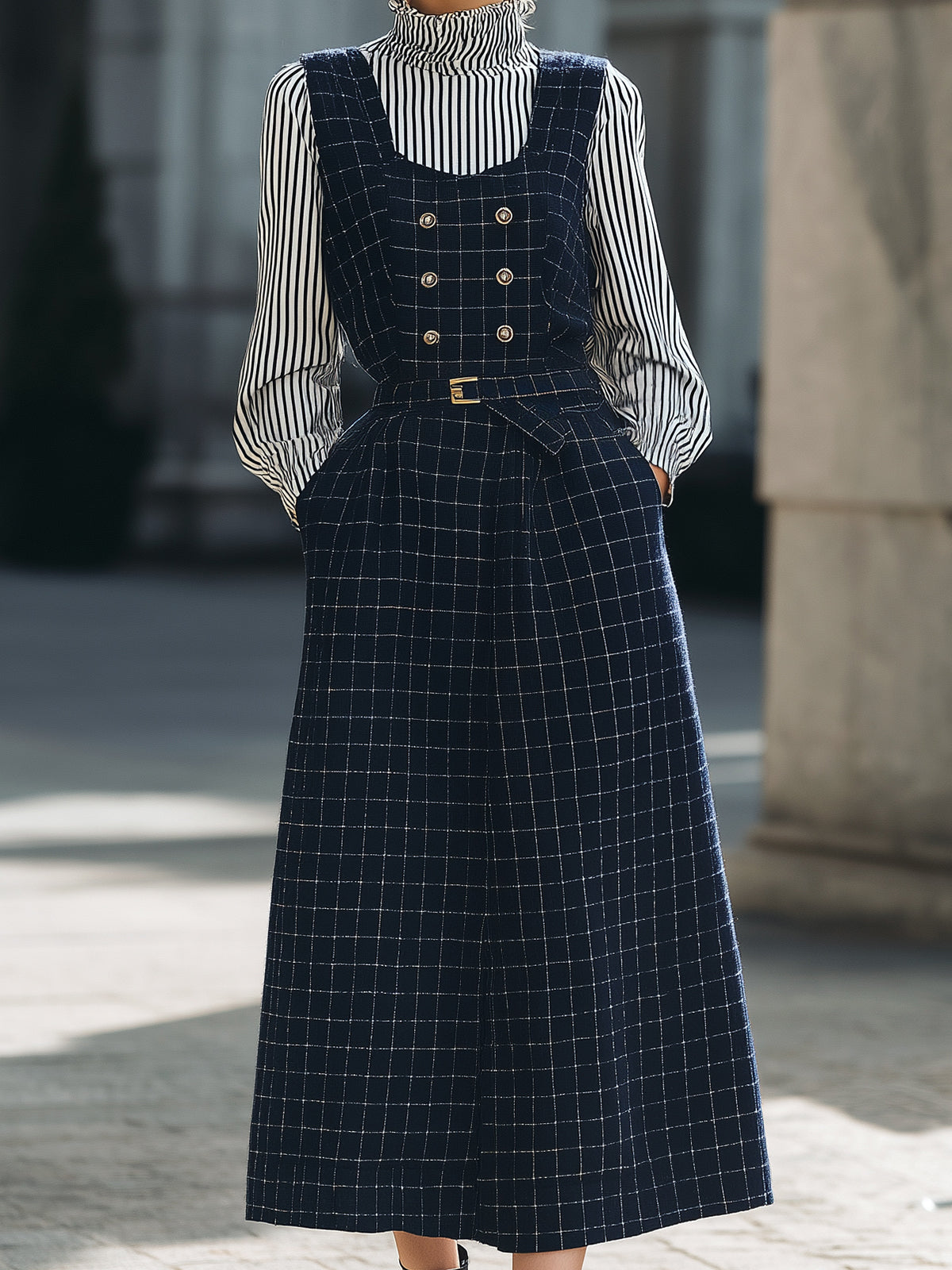 ElevenOra Chic Vintage Navy Blue Plaid Wool Blend Double-Breasted Belted A-Line Maxi Pinafore Dress