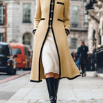 ElevenOra Chic Vintage Wool Blend Round Neck Single-breasted Contrast Trim Tailored Waist Mid-length Coat