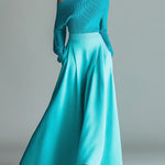 ElevenOra Chic Elegant One-Shoulder Long-Sleeve Sweater Elastic Waist A-Line Maxi Skirt Contrast Knit Two-Piece Set