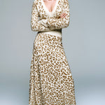 ElevenOra Chic Vintage Leopard Jacquard V-Neck Slim-Fit Long-sleeve Sweater Elastic Waist Maxi Skirt Knit Two-piece Set