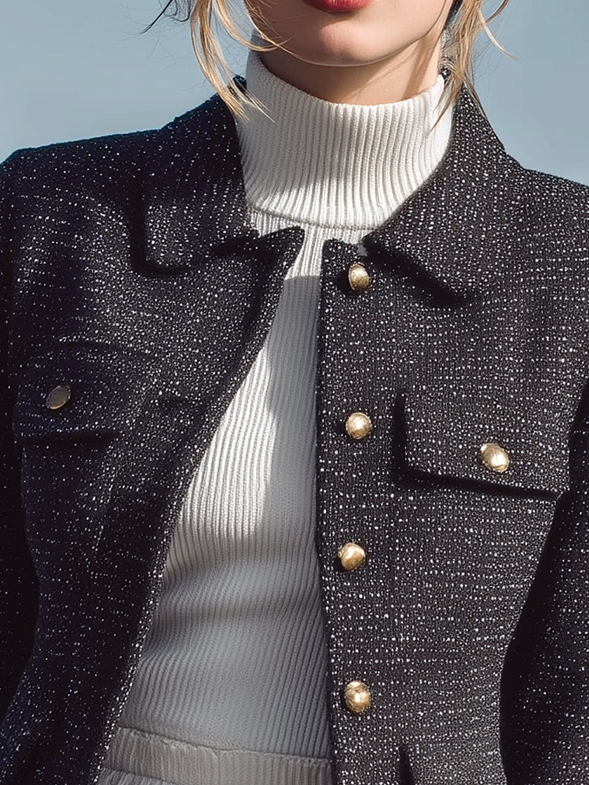 ElevenOra Chic Vintage Tweed Lapel Metallic Buttons Single-Breasted Flap Pockets Cropped Jacket