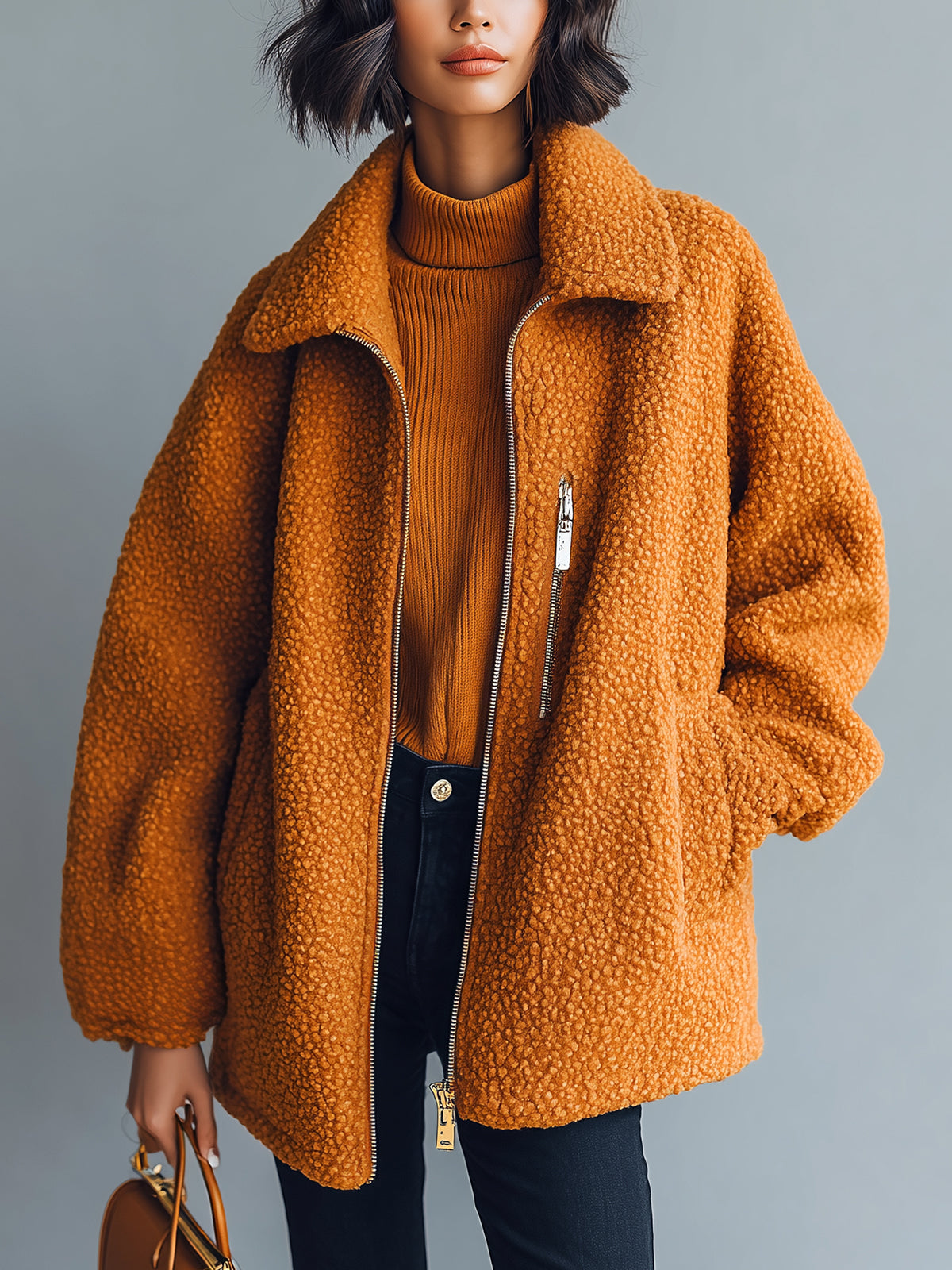 ElevenOra Casual Orange Faux Sherpa Lapel Zip-Front Oversized Warm Coat