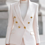 ElevenOra Chic Elegant Cream Wool Blend Peak Lapel Double-breasted Slim-fit Blazer