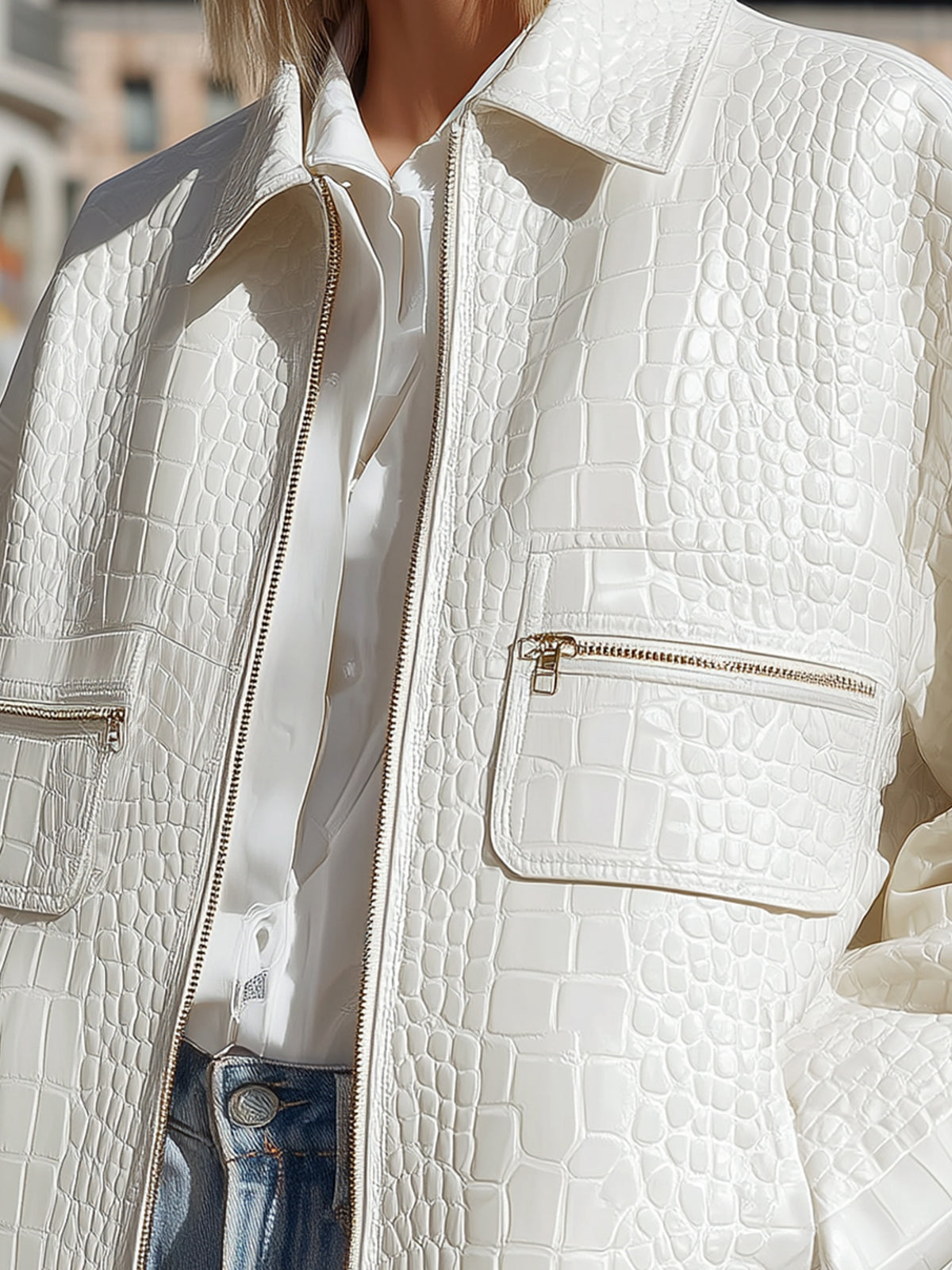 ElevenOra Casual Chic White Crocodile Faux Leather Lapel Zip-front Oversized Jacket