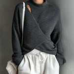 ElevenOra Chic Casual Dark Gray Mock Neck Cross-Front Cutout Loose Long-Sleeve Knit Sweater