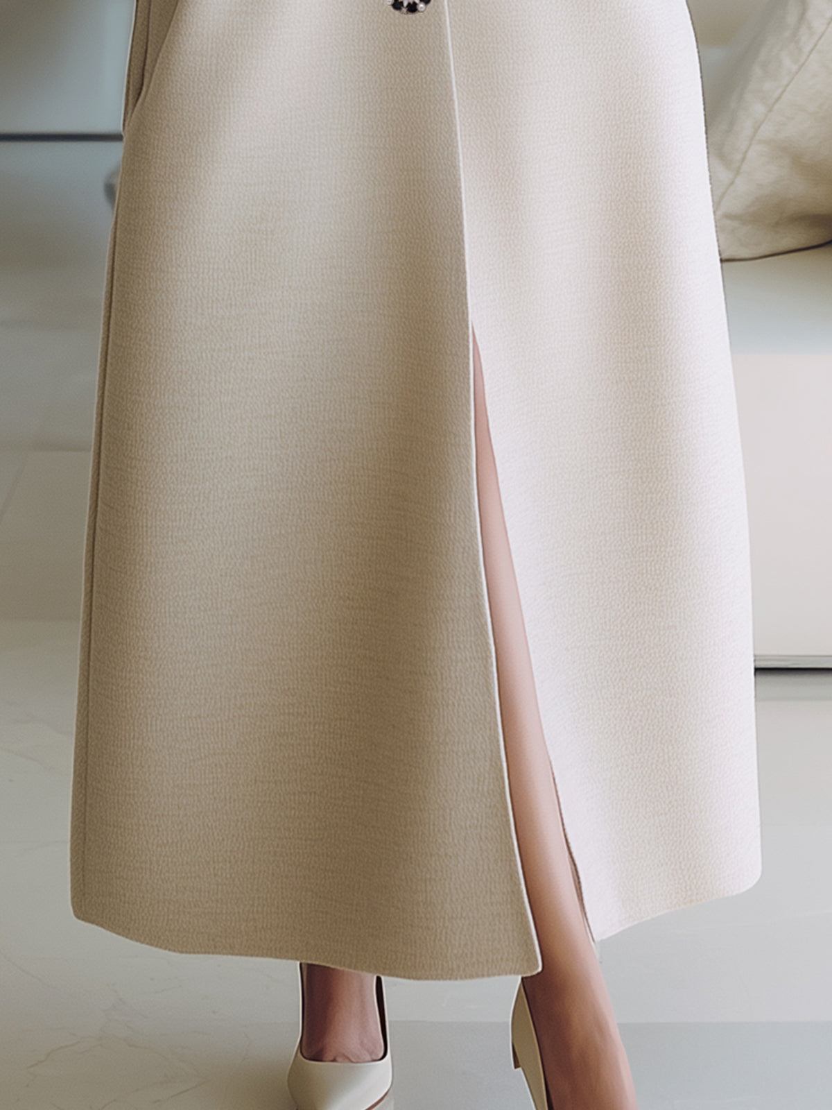 ElevenOra Vintage Beige Wool Blend Single-Breasted Puff Sleeve Tailored Maxi Dress Coat