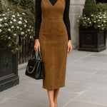 ElevenOra Casual Office Brown Faux Suede V-Neck Tailored Waist Pinafore Midi Dress