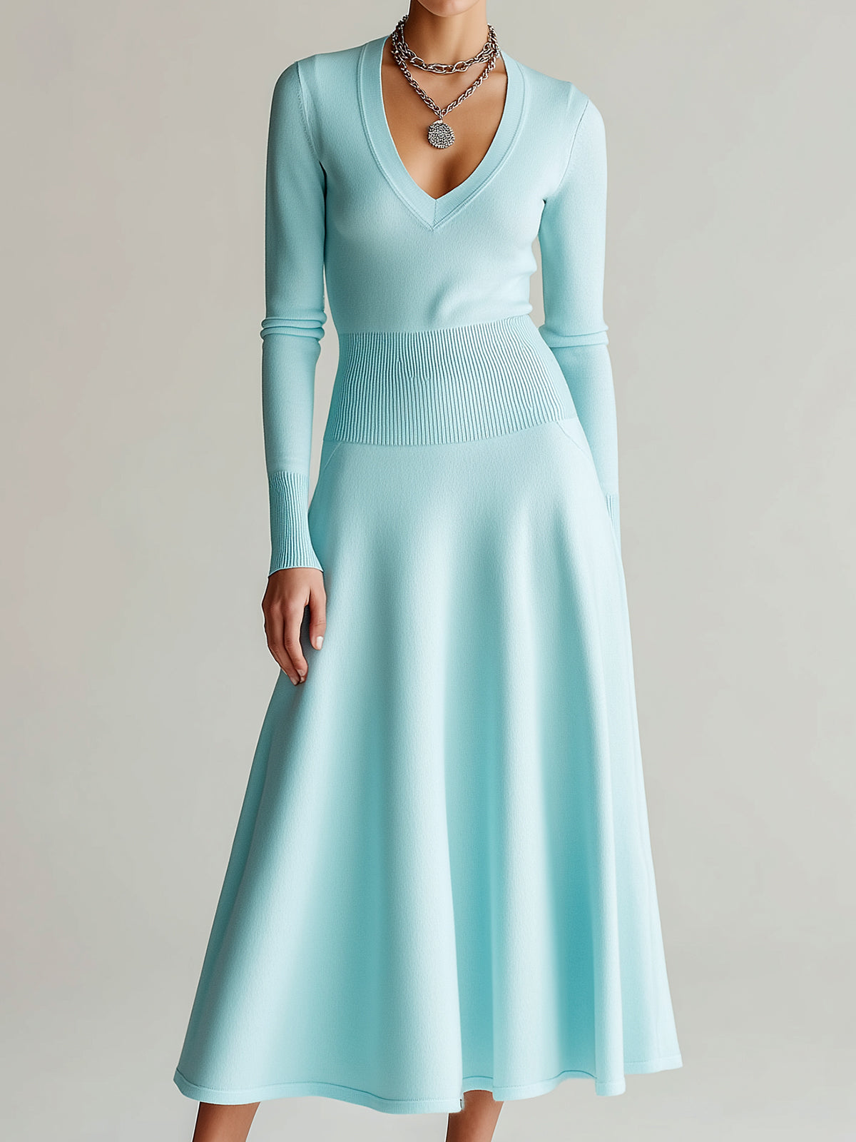 ElevenOra Chic Elegant Baby Blue V-Neck Tailored Waist Long Sleeve Ribbed Knit Maxi Dress