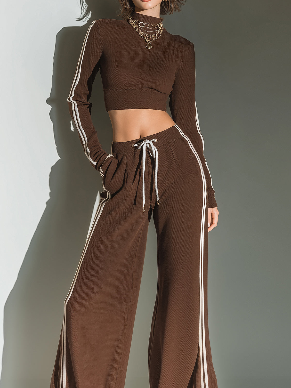 ElevenOra Chic Vintage Mock Neck Slim-Fit Mini Sweater Wide-leg Pants Contrast Trims Knit Two-Piece Set