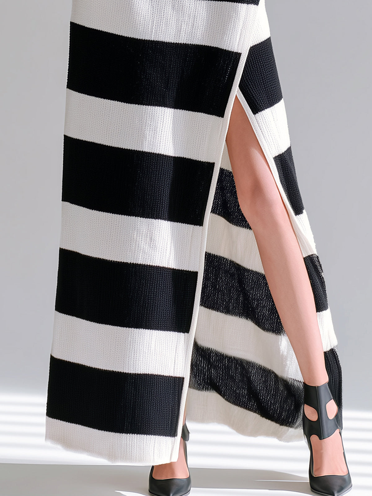 ElevenOra Chic Casual Contrast Stripes Polo Collar Belted Long Sleeve Side Slit Knitted Maxi Dress