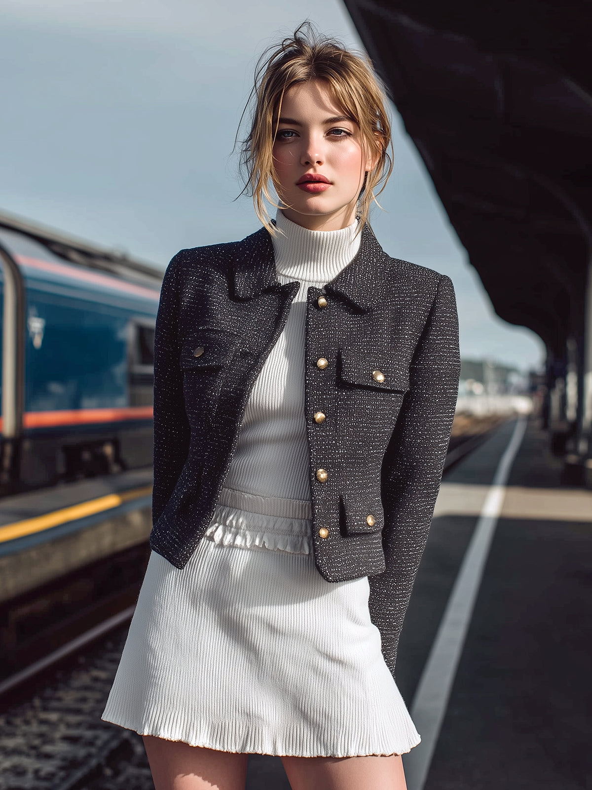 ElevenOra Chic Vintage Tweed Lapel Metallic Buttons Single-Breasted Flap Pockets Cropped Jacket
