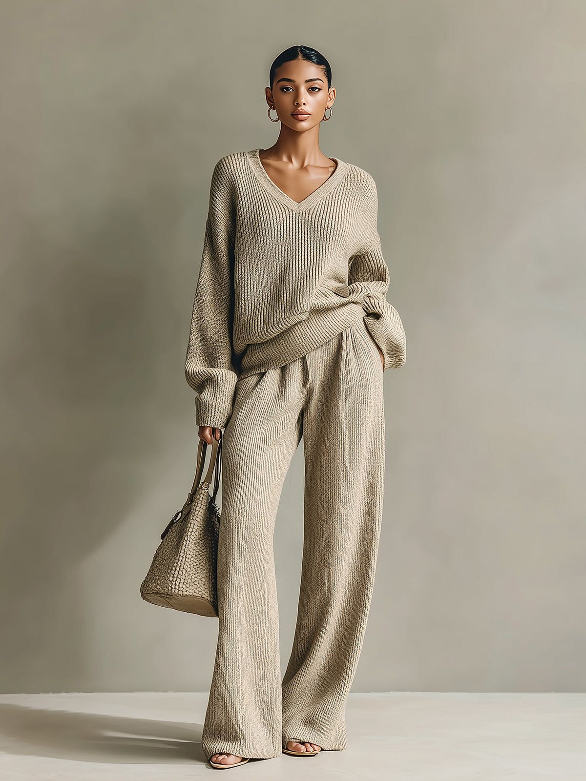 ElevenOra Chic Cozy V-neck Oversized Long-sleeved Sweater Wide-leg Pants Ribbed Knit Two-piece Set