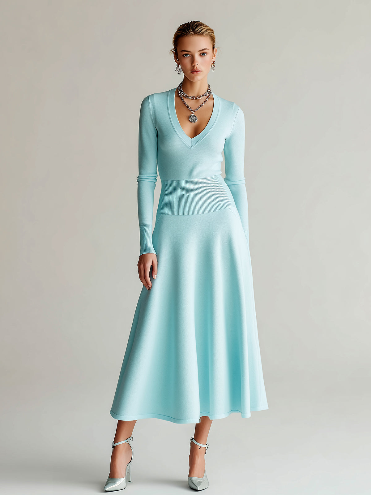 ElevenOra Chic Elegant Baby Blue V-Neck Tailored Waist Long Sleeve Ribbed Knit Maxi Dress