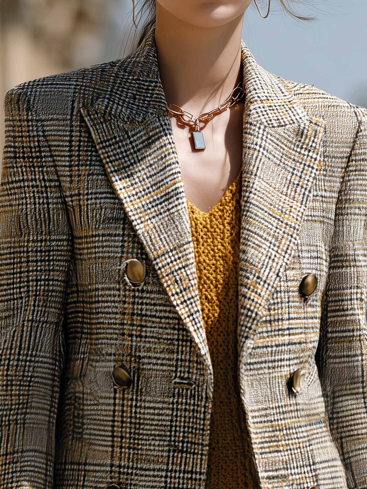 ElevenOra Chic Vintage Contrast Check Peak Lapel Double-breasted Slim-fit Blazer
