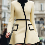 ElevenOra Vintage Elegant Tweed Contrast Trim Patch Pocket Tailored Wast Flared Dress Coat