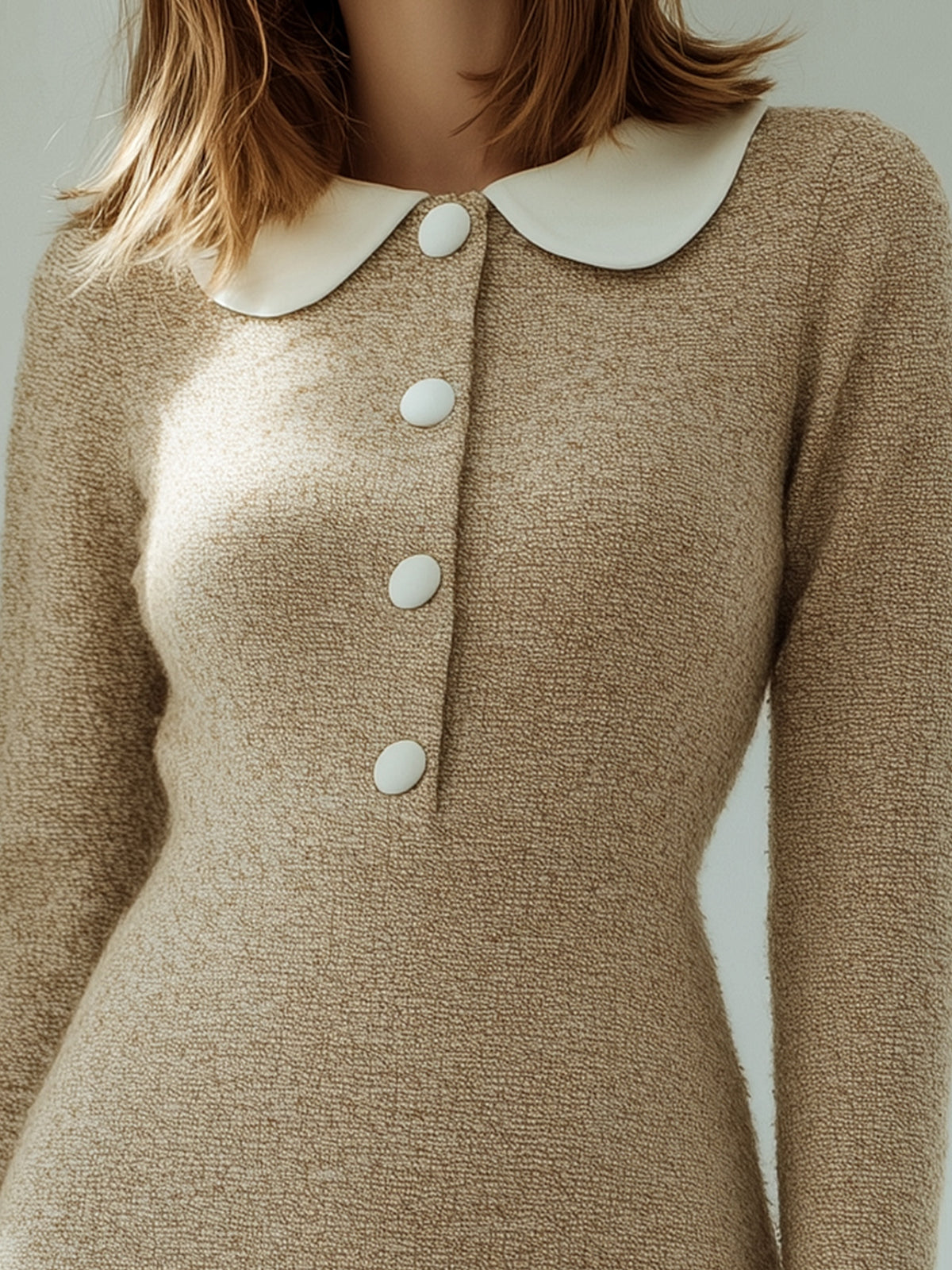 ElevenOra Elegant Colorblock Button-up Peter Pan Collar Slim Fit Knit Mini Dress