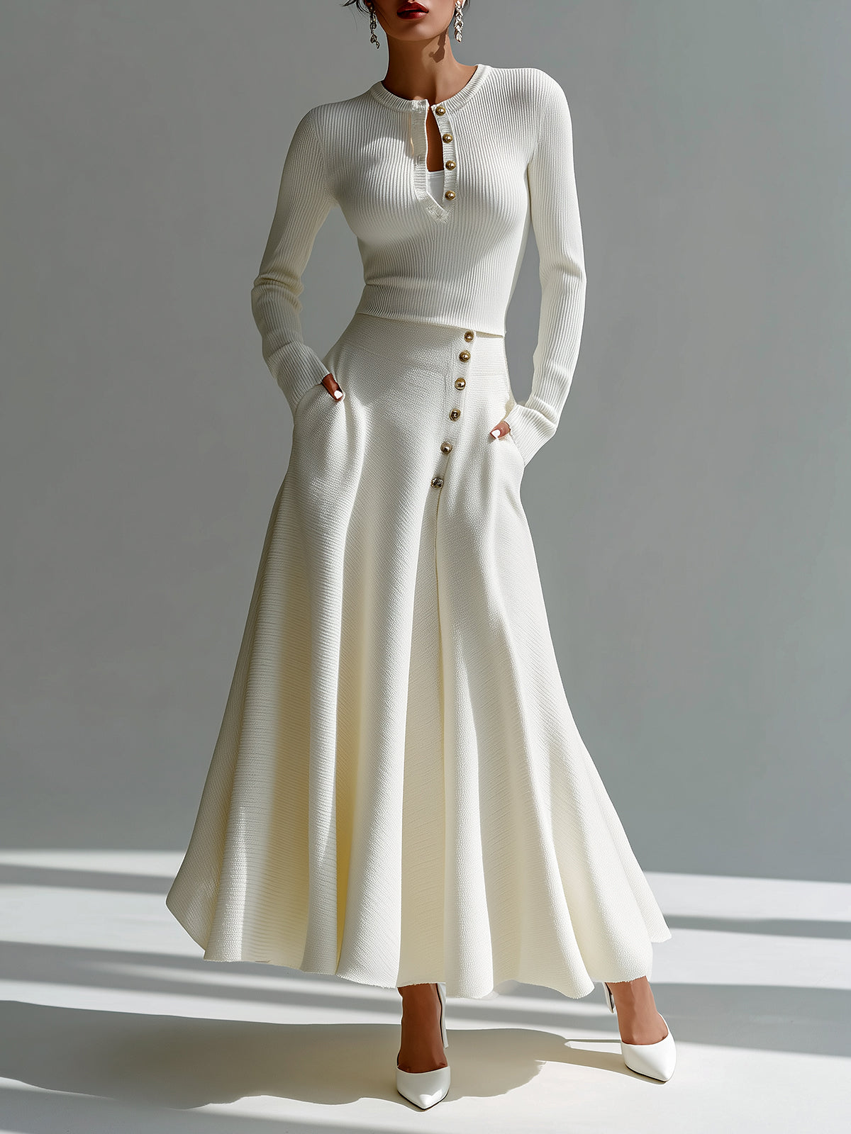 ElevenOra Elegant Henley Neck Long Sleeve Slim Fit Knit Sweater With Button Detailed Flared Maxi Skirt Two-Piece Set