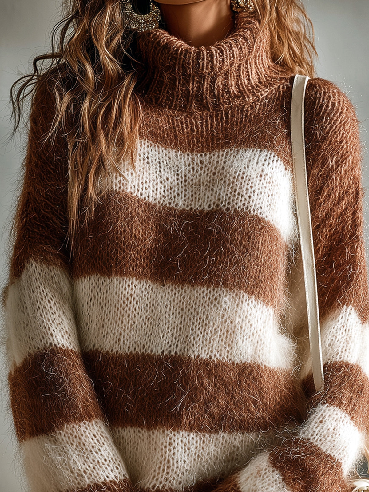 ElevenOra Chic Cozy Contrast Striped Turtleneck Long-sleeved Oversized Mohair Knit Mini Dress