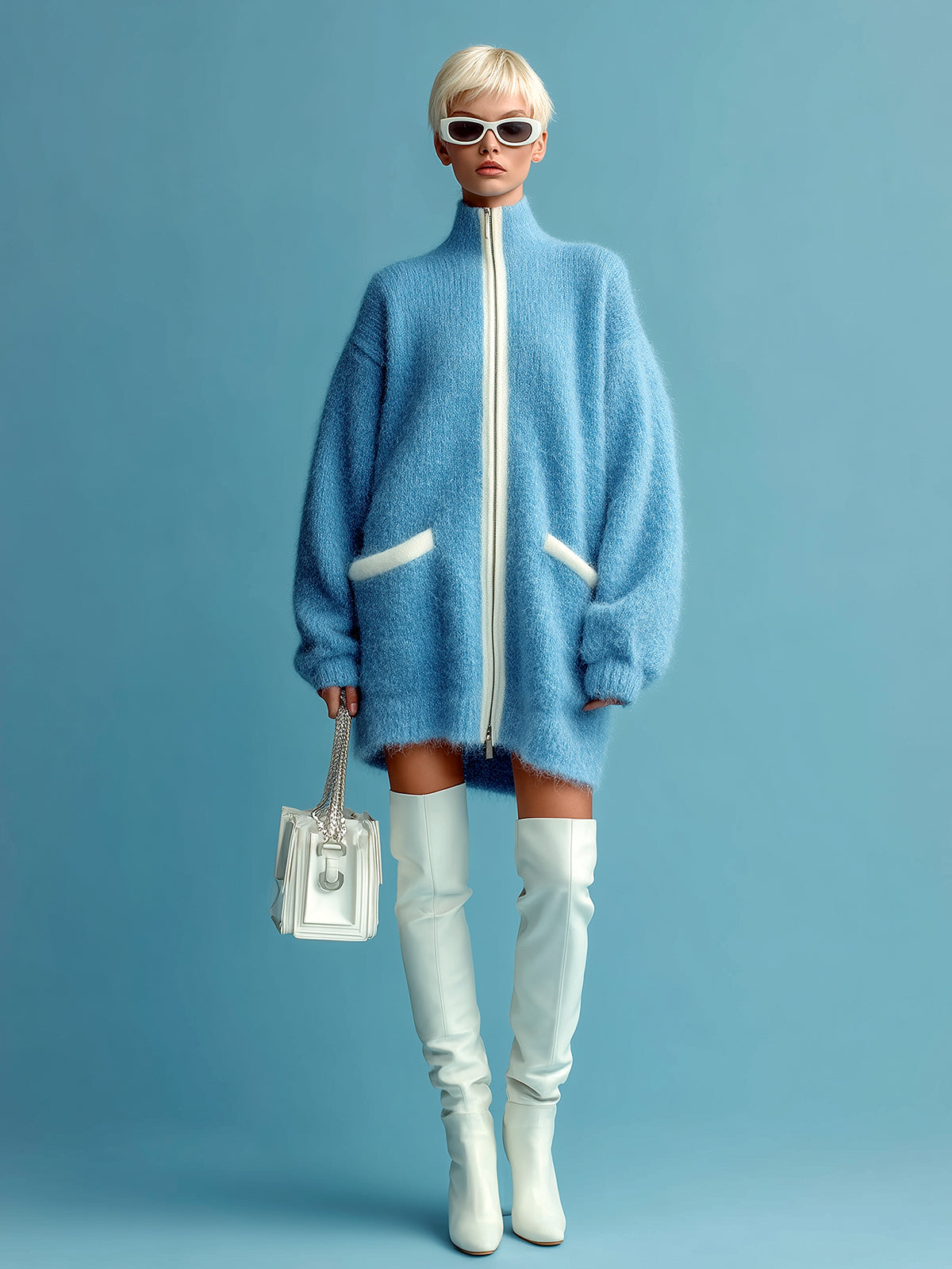 ElevenOra Casual Chic Blue Stand Collar Zipper-Front Contrast Trim Oversized Long Sleeve Knit Cardigan