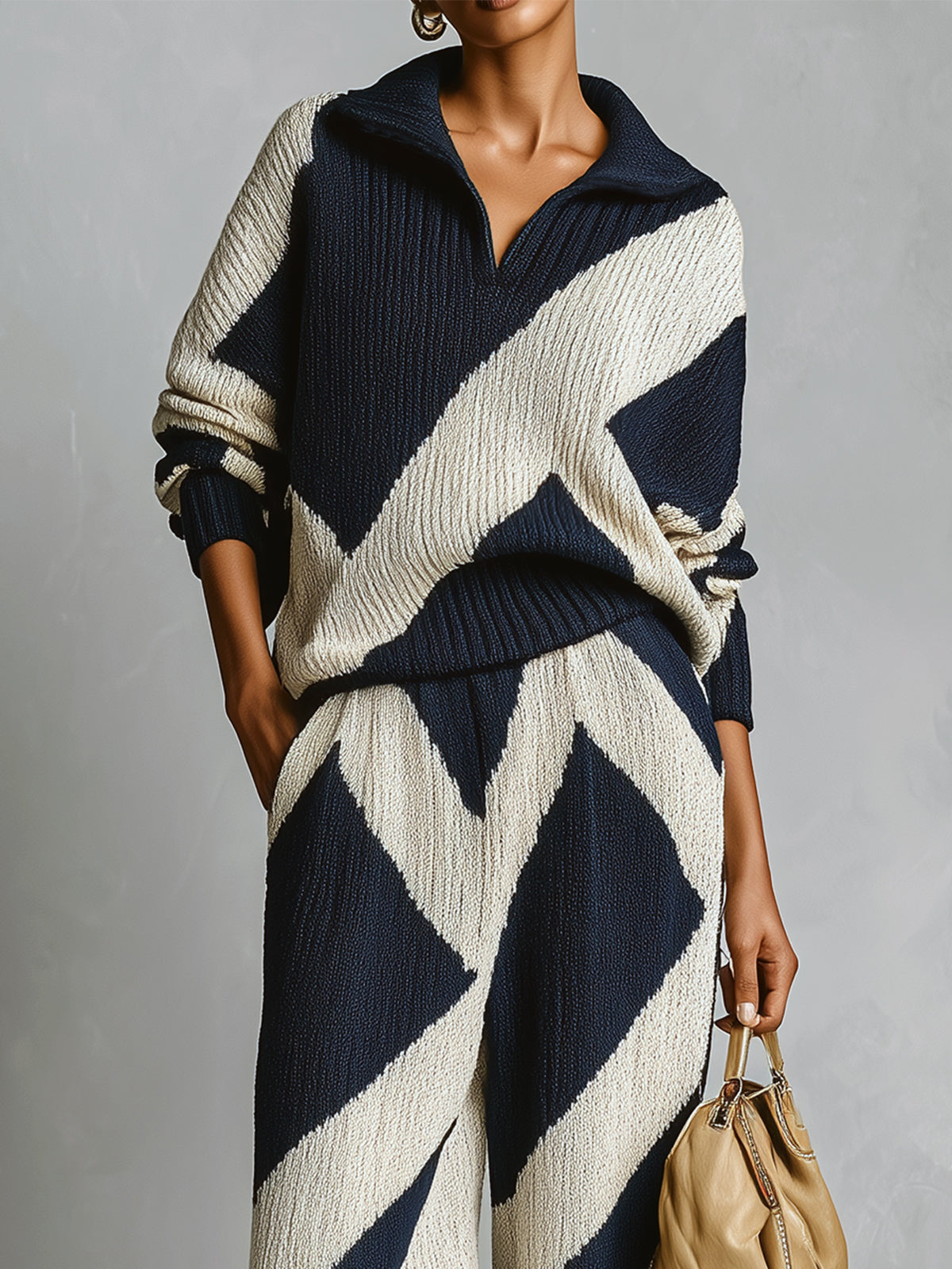 ElevenOra Chic Elegant Geometric Jacquard Lapel Long-sleeved Polo Sweater Wide-leg Pants Knitted Two-piece Set