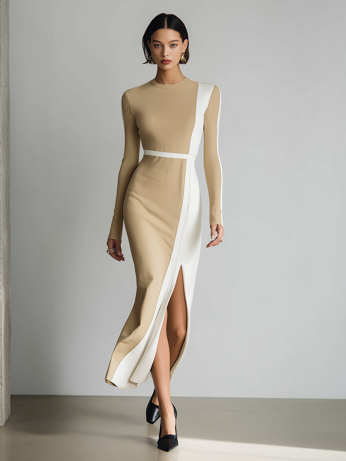 ElevenOra casual Office Colorblock Cotton Blend Round Neck Slim Slit Long Sleeve Maxi Dress